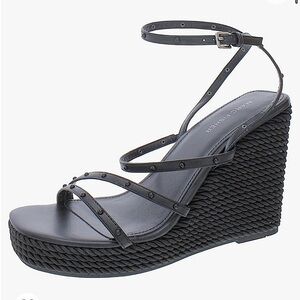 Marc Fisher Zig Black Platform Wedge Square Toe Strappy Heel NEW